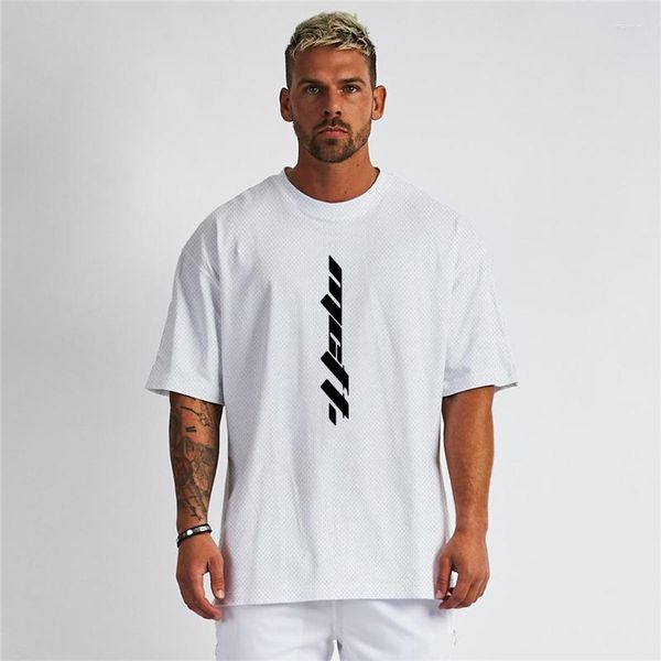 Herren-T-Shirts, übergroßes T-Shirt, Herren-Mesh, locker fallende Schulter, halbe Ärmel, Sportbekleidung, Fitness-Shirt, Sommer, Fitnessstudio, Kleidung, Bodybuilding-T-Shirts