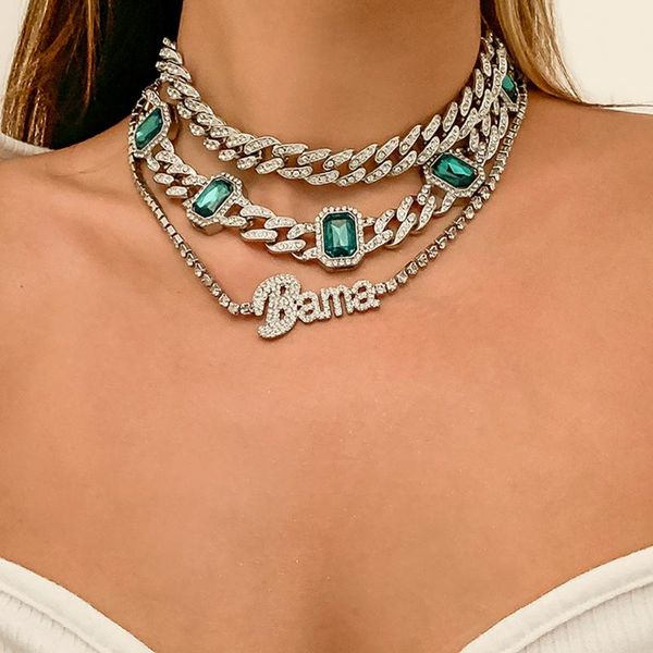 Подвесные ожерелья, набор тенденций хип-хопа, полное ожерелье из страза Геометрические письма Зеленые драгоценные камни кубинские ювелирные изделия для женщин.