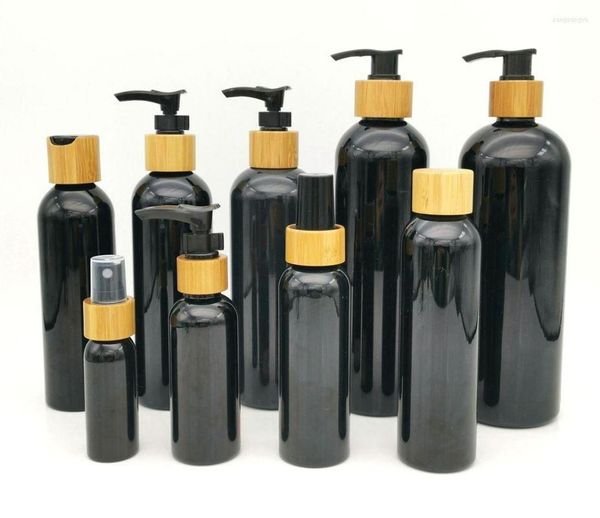 Vorratsflaschen 250 ml 8 Unzen 16 Unzen Schwarz Bernstein mattiert Klare PET-Kunststoff-Shampoo-Flasche mit Bambus-Lotion-Pumpenkappen 500 ml Squeeze