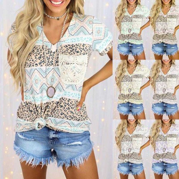 Camisas estampadas de verão cor contrastante manga curta decote em V solto encaixe casual camiseta