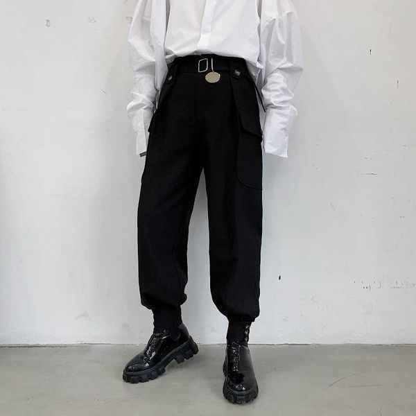 Calça masculina moda masculino joggers calça alta cintura larga cinto de perna larga calça cônica disco de metal preto de luto solto de luto de luto de rua de tamanho grande homem z0225