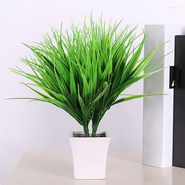 Flores decorativas 1pc 7 Fork Plantas artificiais Greante Verde Plástico Fake Flower Plant para casamento de casamentos elaboram a mesa de escritório de decorações