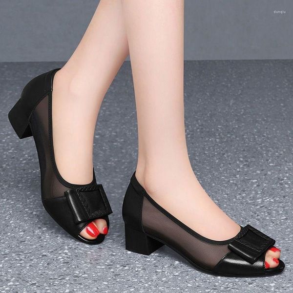 2023 Soft Fhanchu Sandals Peep Women Toe Summer Mid Heels Mesh Work Shoes для мамы на черном белом корабле 546