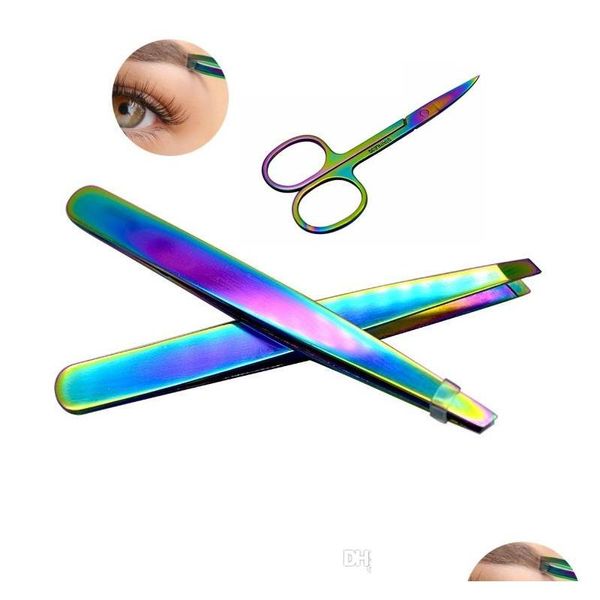 Ferramentas de sobrancelha estêncils Moda Rainbow Color Aço inoxidável Tweezer Mini tesoura Clipe Antistático Face Tool Drop Drop Health Dhlyo