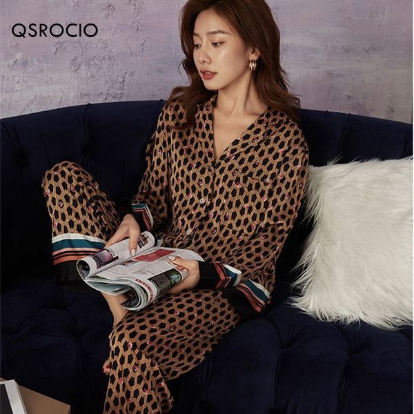 Womens Sleepwear qsrocio pijamas definido no estilo instagram de luxo listras de moda de seda como camisola de lazer para casa