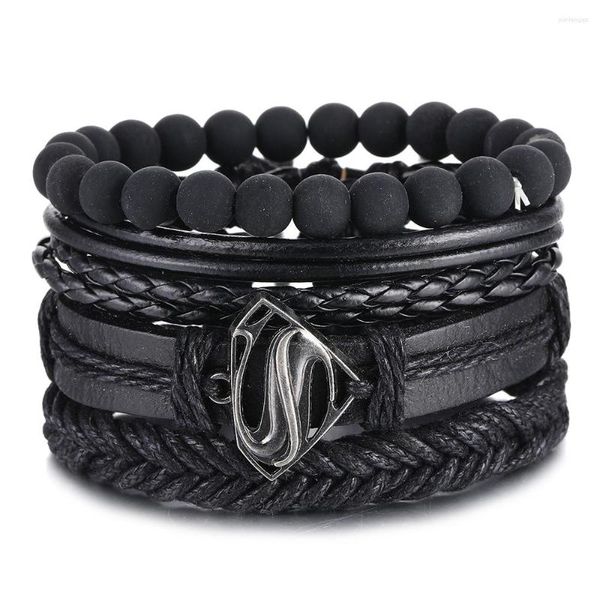 Bracelets de charme Aliutom Mix 4pcs/ conjunto de couro trançado para homens para homens Mulheres de madeira vintage Pulseira de pulseiras tribais étnicas