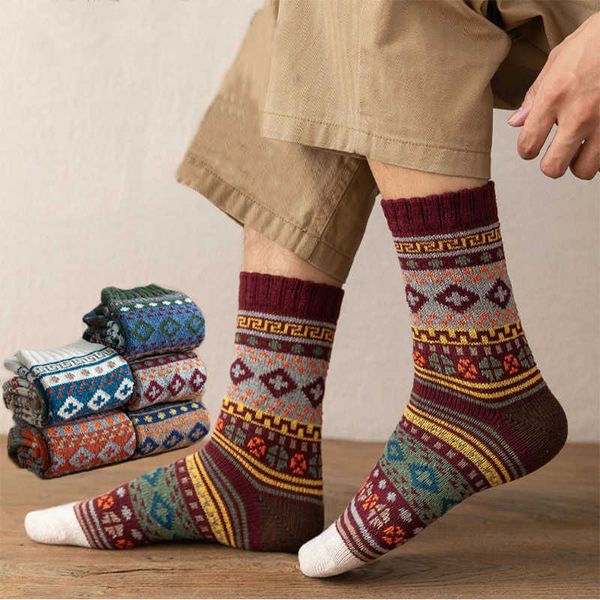 Meias masculinas 5 pares de outono quente e inverno masculino de lã quente meias moda meias de estilo étnico casual