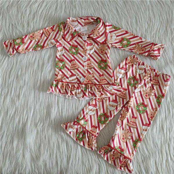 Pyjamas Großhandel Kinder Winter Baby Mädchen Weihnachten Kleidung Nachtwäsche Set Kind Rot Gestreifte Strickjacke Santa Rentier Hosen Outfit Pyjamas 230227