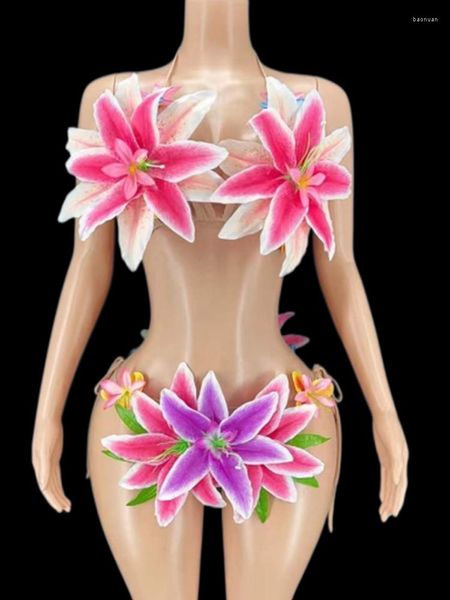 Sahne Giyim Kadınlar Için Seksi Çiçek Halter Bikini Setleri Karnaval Sürükle Kraliçe Kıyafetler Parti Kulübü Kutlama Giyim Showgirl Kostümleri