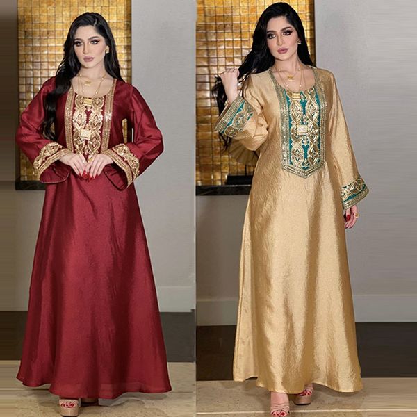 2023 Ethnische Kleidung Abaya Ramadan Gold bestickte Pailletten Naher Osten Muslimisches Robenkleid Damenkleidung