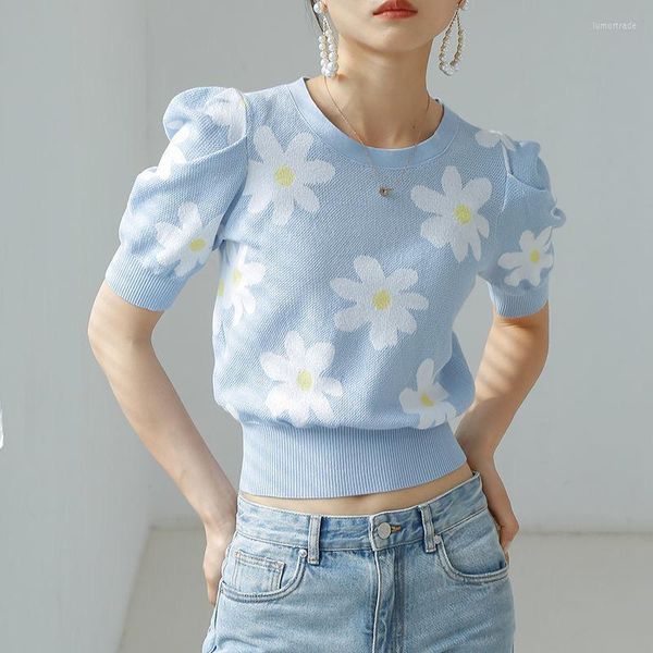 Женские футболки с милой цветочной узором летние женщины вязаная женская футболка повседневная стильная синяя рубашка с коротким рукавом элегантный S-2xl