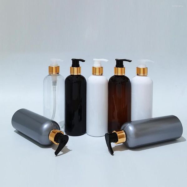 Botellas de almacenamiento de 300ml, marrón/negro con bomba de aluminio dorado, botella de plástico de 10oz, jabón vacío para mascotas, champú, loción redonda, GEL de ducha