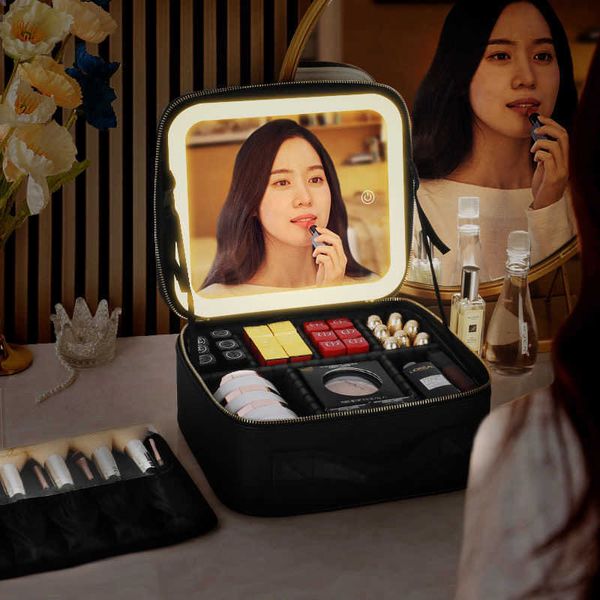 Косметические организаторы хранилища 2022 Новый умный светодиодный макияж с зеркальными отсеками Водонепроницаемые туристические шейки PU для женщин Y2302