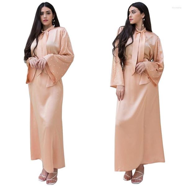 Ethnische Kleidung Satin Perlen Abaya Dubai Elegante Frauen Bankett Party Maxi Kleid Hochwertige Langarm Kleider Muslim Lace Up Lose Robe