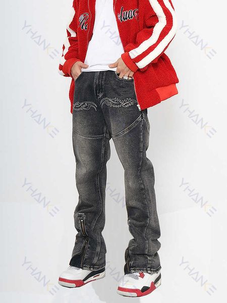 Jeans da uomo Stile americano strada dritta retro cerniera design Mao jeans laterali high street water lavaggio pantaloni ricamati neri Casual Z0225