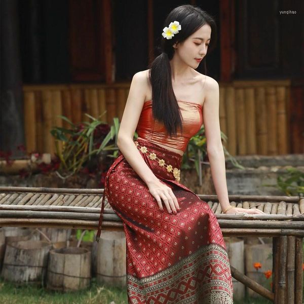 Ropa étnica 2023 Festival tradicional de Tailandia novia hilado dorado salpicadura ropa Dai minoría traje de boda mujeres vestido de viaje