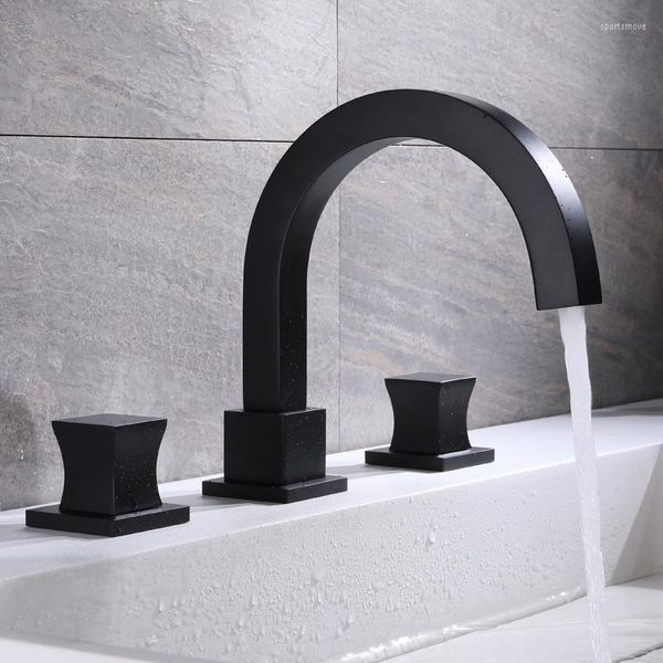 Rubinetti per lavandino del bagno Rubinetto per lavabo nero e acqua fredda Miscelatore a tre fori a due maniglie Vasca per lavaggio a ponte