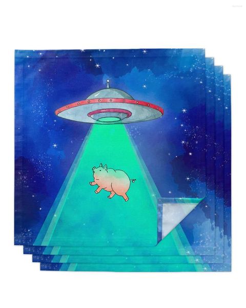 Tischserviette, Universum, fliegende Untertasse, Schwein, Sternenhimmel, 4/6/8 Stück, Küche, 50 x 50 cm, Servietten, Serviergeschirr, Heimtextilien