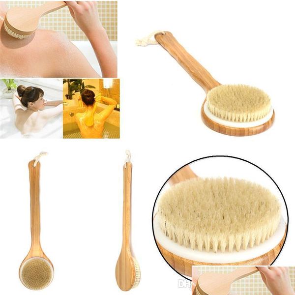 Accessori per attrezzi da bagno 40 cm forma rotonda setola manico lungo doccia in legno corpo spazzola per la schiena spa scrubber sapone detergente esfoliante Ba Dhl1C