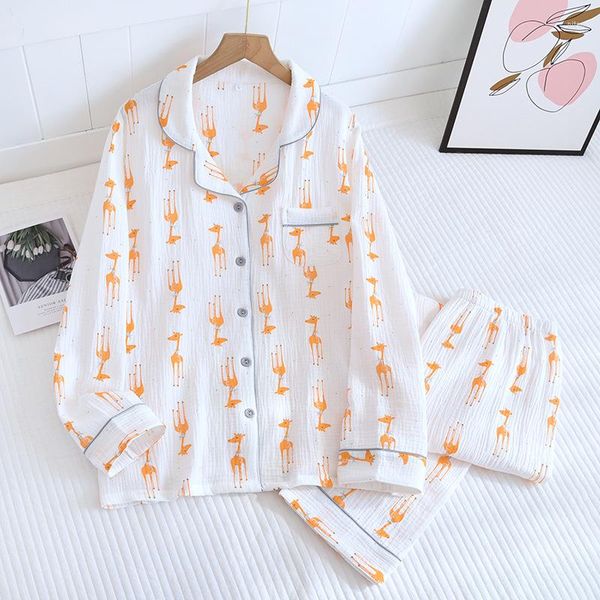 Pijama de girafa de roupas de dormir feminina Mulheres definidas na primavera e no verão de dupla camada algodão 2023 japonês estilo calças de mangas compridas fofas
