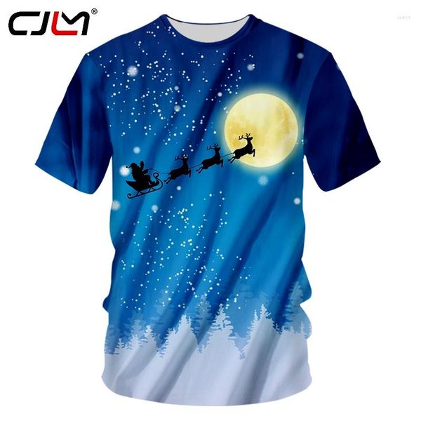 Herren-T-Shirts CJLM Weihnachtsthema 3D-gedruckter Mondhintergrund O-Ausschnitt T-Shirt Weihnachtsmann und Elch Mode Freizeit Herrenhemd 6XL