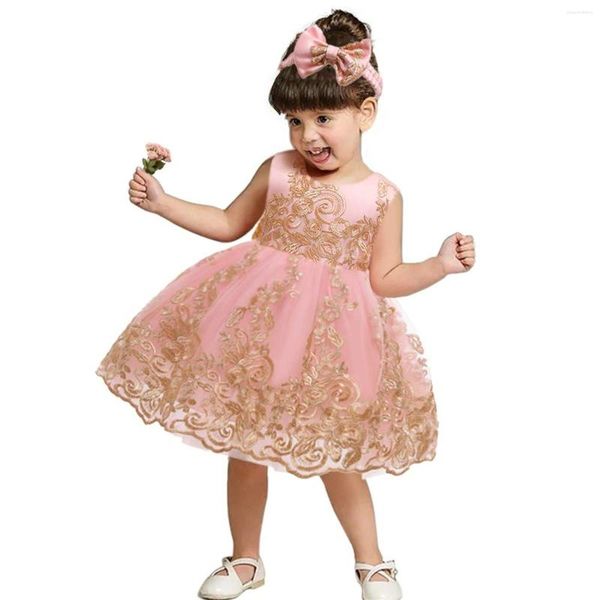 Vestidos de menina meninas headwear vestido bordado com vestido de renda bebê bowknot festa pageant dressskirt