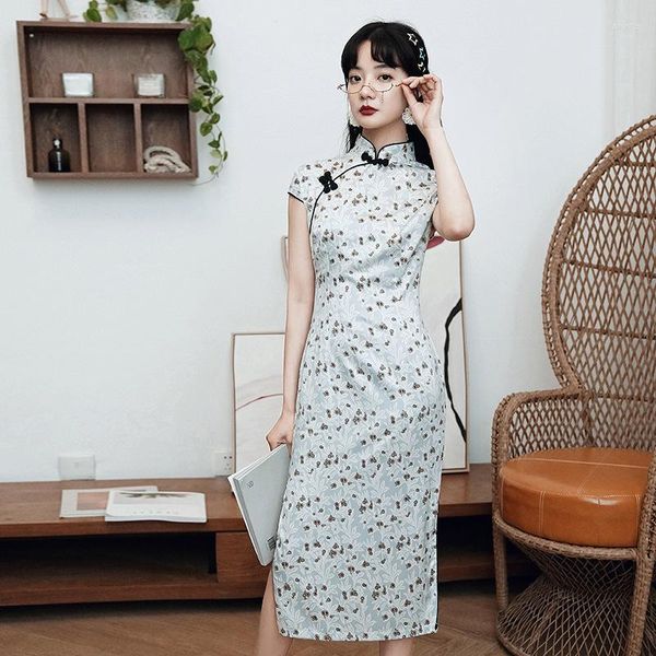 Abbigliamento etnico Blue Rayon Short Chinese Traditional Women Qipao Vintage Oriental Female Cheongsam Novità Abito formale M - 4XL