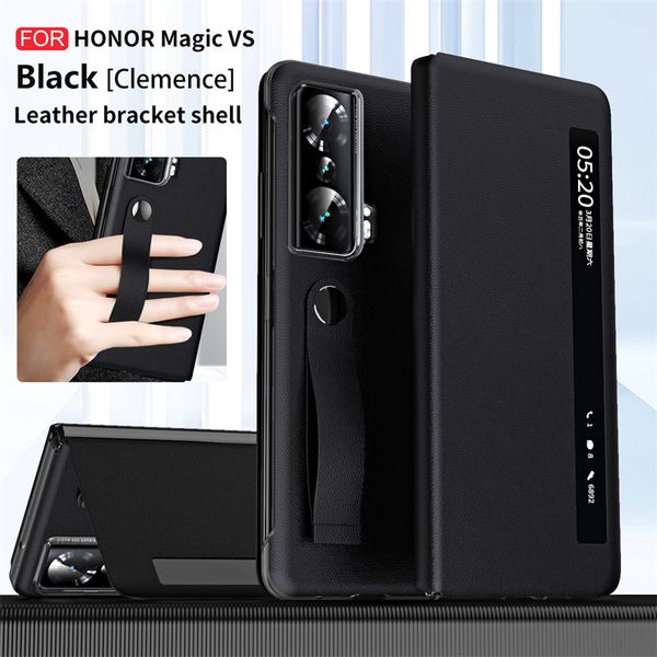 Smart View PU-Leder-Handyhülle mit Halterung für Honor Magic VS Window, tragbare Griff-Handschlaufe auf der Rückseite