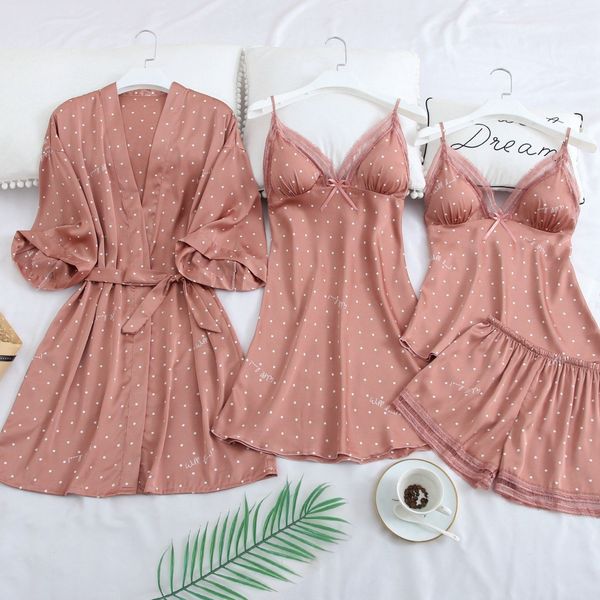 Robustos para o sono feminino Robe rosa DOT Robe de casamento Sleepwear Casual Lingerie Intimate NightGown Nightdress Soft Homewear Clother Cloths Kimono Vestio 230227