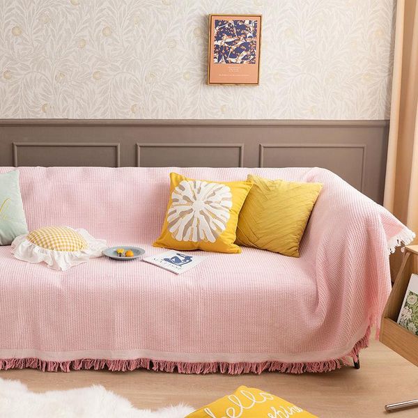 Tampa de cadeira capa de sofá de borla rosa nórdica para salão de algodão xadrez de algodão de algodão de algodão de algodão colchão de mobília de mobiliário de pó tapeçaria de parede de poeira
