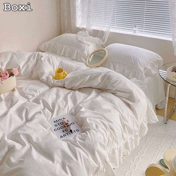 Set di biancheria da letto in stile giapponese Set di biancheria da letto in tinta unita Cute Girl Ruffle Lace Pink Bed Skirt Copripiumino per bambini con federa Lenzuolo per donna 230227