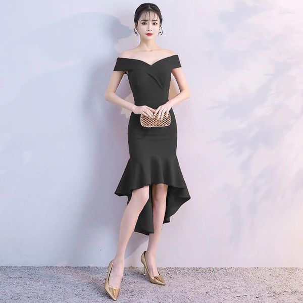 Ethnische Kleidung Schwarz Sexy Chinesische Kurze Vordere Lange Zurück Abend Party Kleid Frauen Moderne Orientalischen Stil Kleider Casual Wort schulter