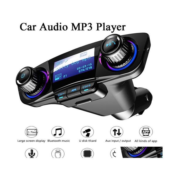 Car DVR Bluetooth Car Kit Fm передатчик беспроводной руки Aux Modator MP3 -плеер TF Dual USB 2.1A Power On Off Display O Drop Delivery Mobiles dhyi7