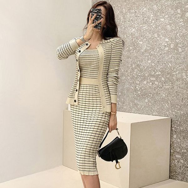 Vestido de duas peças h han rainha coreana tricô 3 peças Conjunto de mulheres tricotado Cardigan e saias lápis Casual Simple office Lady Skirt Suit 230227