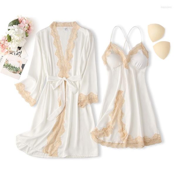 Roupa de sono feminina White Brides Damaid Robe de casamento Women Sexy Patchwork Lace Trim Nightgown Silk Kimono Bathrobe vestido