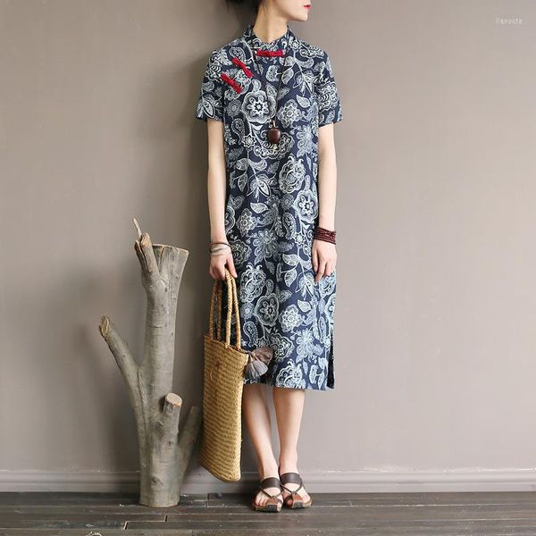 Abbigliamento etnico Stampa stile cinese Abito da donna al ginocchio Abito vintage in cotone e lino Casual Summer Brand Qipao