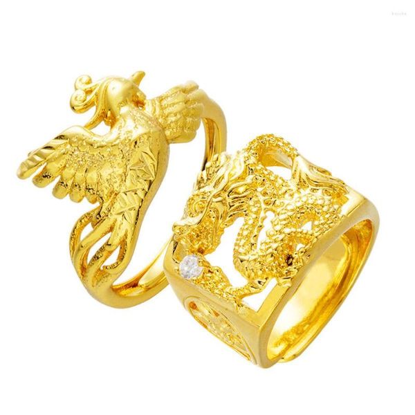 Eheringe Unisex Einfache 24K Gold Farbe Drache und Phönix Paar für Männer Frauen Verlobung Glück Luxus Schmuck Großhandel