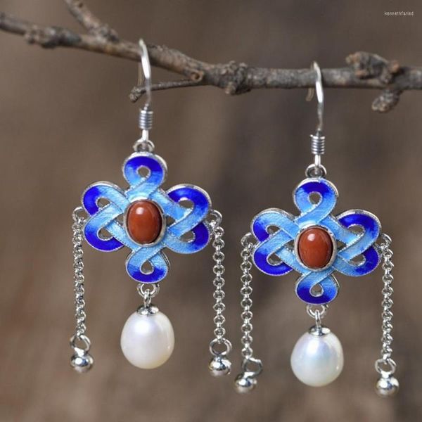 Brincos Dangle S925 Pure Silver Vintage Cloisonne Mulher Auspiciosa Nó Chinês Vermelho Água Doce Pearl Para Mulheres