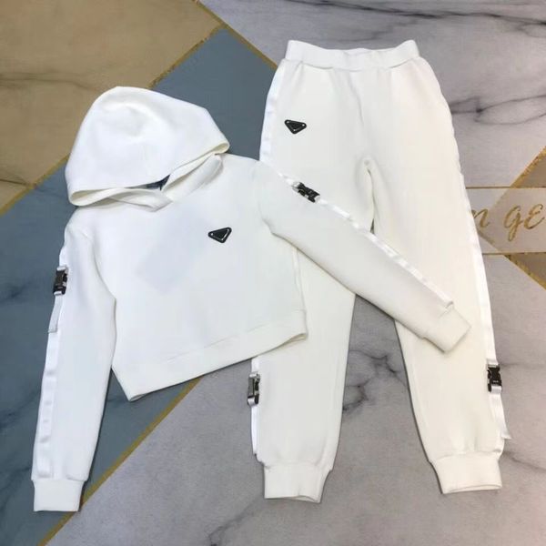 Gorjeta feminina capuz de duas peças define as calças de trautes de traje masculino brancos femininos com letras laterais para a marca de rastreio Spring Outwear Triangle Iron Mark S-3xl