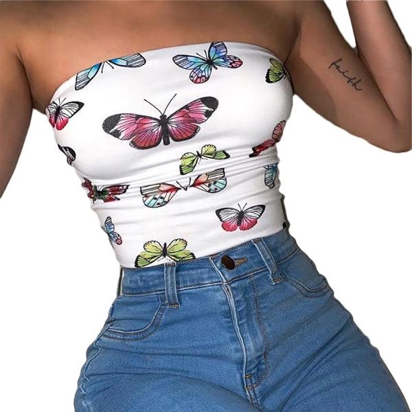 Canotte da donna Camis T-shirt da donna T-shirt estiva sexy Canotta Boob Tube Top stampa farfalla senza maniche senza spalline