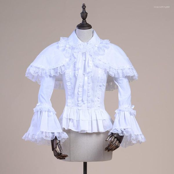 Blusas femininas primavera feminina camisa branca vintage vitoriana blusa de renda com babados senhoras tops góticos lolita princesa traje xale camisas 2