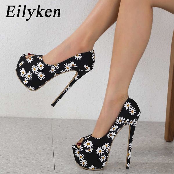 Платья обуви Eilyken модель дизайнерская платформа Peep Toe Women Pumps Sensals Sexy Print Nightclub Super Stiletto High Heels Shoesl230227