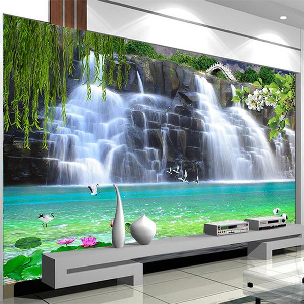 Sfondi Murales 3D personalizzati Cascate in stile cinese Paesaggio Natura Carta da parati Soggiorno TV Sfondo Panno Papel De Parede