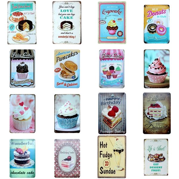 Vintage Cake Dessert art painting Targhe in metallo Targhe in metallo Retro Home Kitchen Decorazione Targa Poster Bar Pub Bakery Decorazione murale Dimensioni piastra personalizzata 30X20cm w02