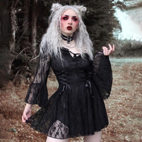 Casual Dresses Gothic Grunge Schwarzes Spitzenkleid Frauen Vintage Mall Goth Off Shoulder Bandage Hohe Taille Korsett A-Linie E-Girl Streetwear