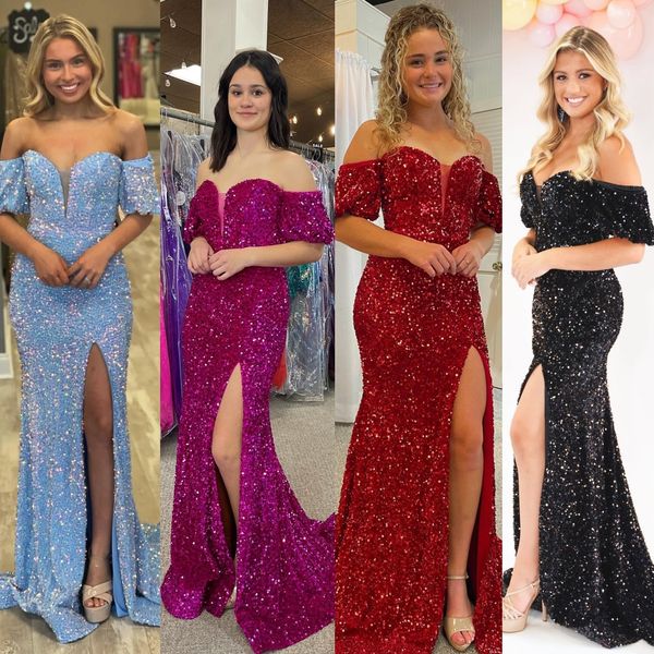 Abito da ballo con paillettes in velluto viola con taglio a V scintillante scintillante Lady Preteen Teen Girl Pageant Gown Formal Party Wedding Guest Red Capet Runway Spacco alto con spalle scoperte