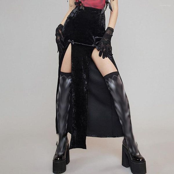 Юбки панк женщины сексуальная зима миди готическая бархата черная стройная длинная юбка Гранж Высокая расщепление A-Line Partywear