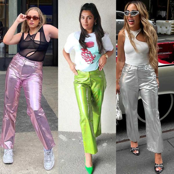 Le donne all'ingrosso differiscono nel colore dei pantaloni in pelle PU Leggings alla moda a vita alta in colore metallizzato per i pantaloni casual Candy primavera estate