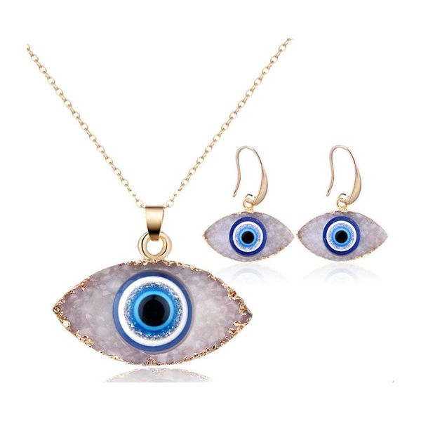 auto dvr Collane con ciondolo Gioielli ispirati al blu Evil Eye Druzy Stone Collana Orecchini Resina Cristallo di quarzo Moda per le donne Drop Delivery P Dhjwz