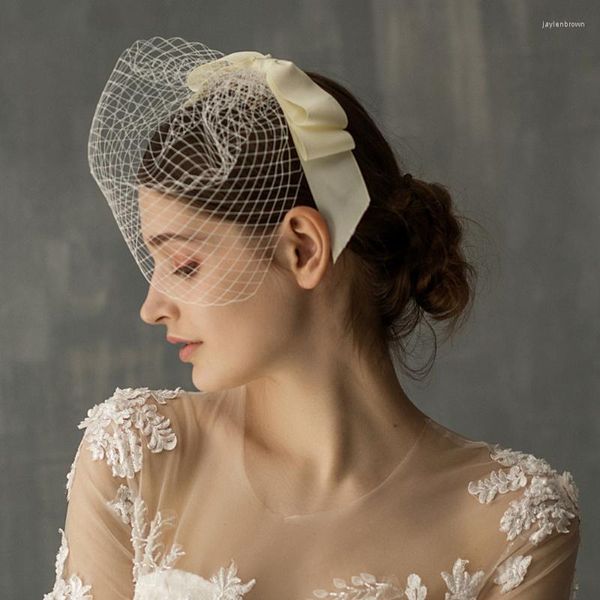 Copricapo da donna monostrato da sposa fard velo nastro bowknot con pettine copricapo elegante meraviglioso check retro vintage lady avorio